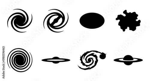 Minimalist galaxy silhouette icons, set of 8 black celestial vector shapes, spiral nebula and deep space astronomical symbols for science design