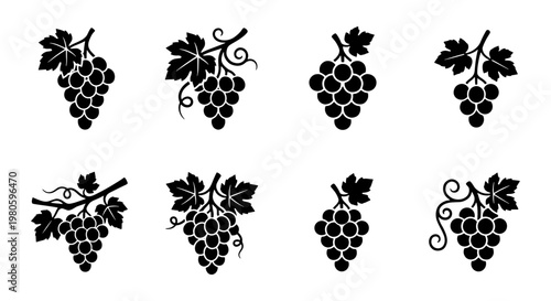 Vintage grape bunch silhouette icons, set of 8 vineyard fruit vector elements, black grape clusters with leaves for wine label design and branding