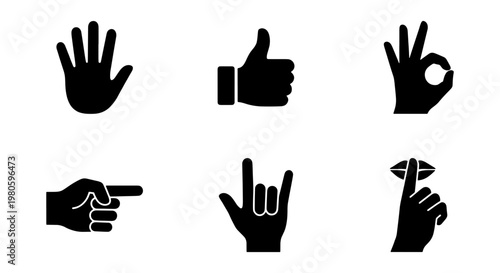 Black hand gesture icons set, 6 vector human hand signs including thumbs up and pointing, minimalist communication symbols for web design