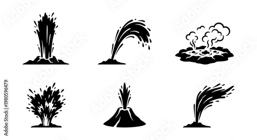 Geyser and volcano eruption icons set, black silhouette hot spring and oil gusher vector elements, geothermal energy and natural disaster symbols