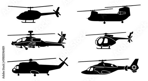Black helicopter silhouettes set, collection of 6 military and civilian aircraft vectors, aviation transport icons for logistics and defense design