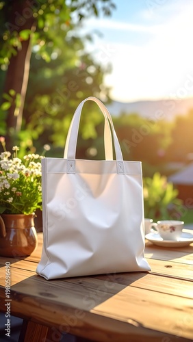 A white tote bag on a wooden table outdoors with a cup and saucer