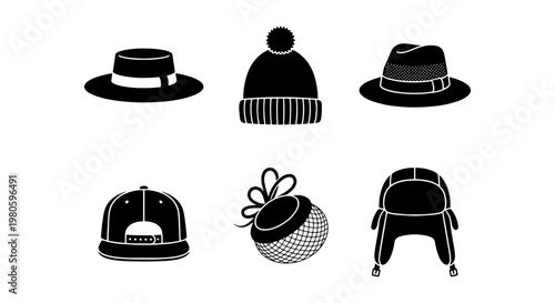 Black headwear icon set with 6 vector elements, flat silhouette hats including fedora, beanie, and baseball cap, fashion headwear collection