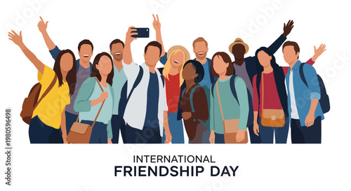 Group of diverse young friends taking a selfie together for International Friendship Day.