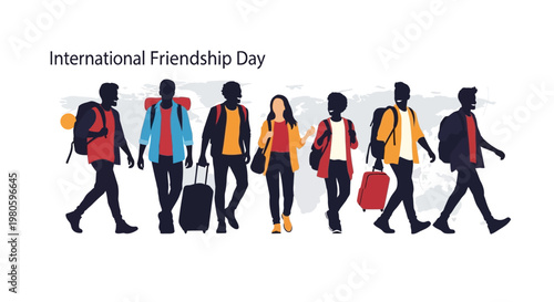 Diverse Group of Young Friends Traveling Together with Backpacks and Luggage.