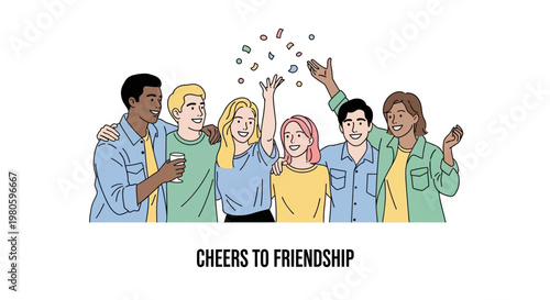 Diverse group of happy young friends celebrating with drinks and confetti.