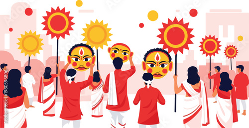 People celebrating a traditional Indian festival, holding large colorful masks and sun symbols in a vibrant procession.