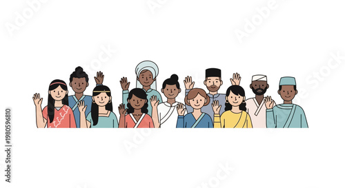 Diverse group of people waving hands together in a community illustration.