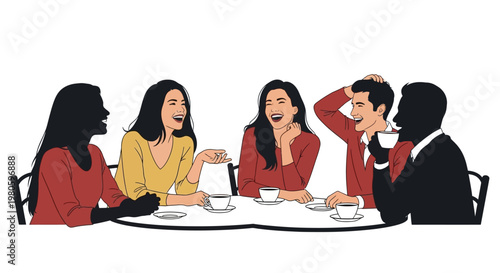 Group of diverse friends laughing and chatting at a cafe table.