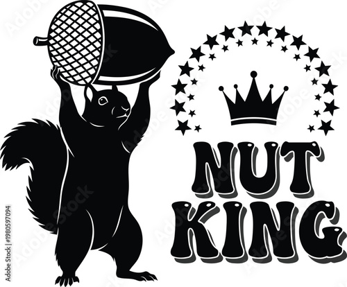 Squirrel holding acorn crowned Nut King black and white
