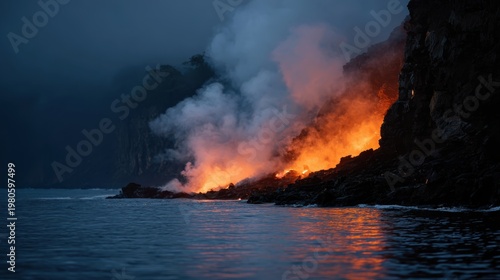 Lava flows into the ocean at night, creating steam and smoke against a dark rocky coastline illuminated by the glow of molten rock and surrounded by misty atmosphere