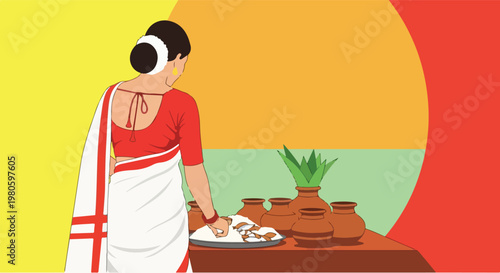 A woman in a traditional white and red saree from behind, preparing a cultural offering with rice, clay pots, and a plant on a table against a vibrant background.