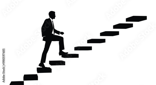 A silhouetted businessman ascends a series of steps symbolizing career progression
