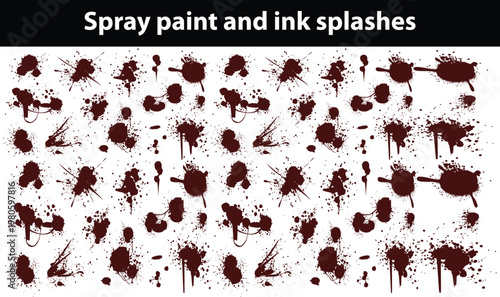 Spray paint and ink splashes. Mud graffiti effect, stencil spray paint borders. Vector punk and street art vector hand drawn elements. Graphic set of grunge dirty splash stains and blots
