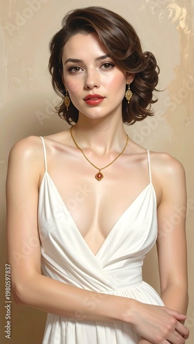 A woman in a white dress with a necklace and earrings