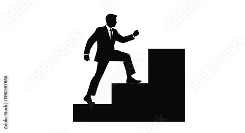A silhouetted businessman is climbing a staircase towards success and upward mobility