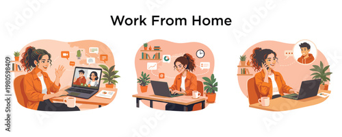 Work From Home Character Set with Woman Using Laptop and Communication Activities