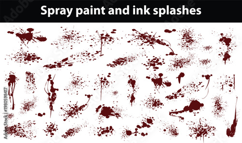 Spray paint and ink splashes. Mud graffiti effect, stencil spray paint borders. Vector punk and street art vector hand drawn elements. Graphic set of grunge dirty splash stains and blots

