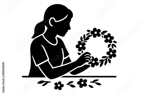 Woman crafting a floral wreath at a table for hobby craft and floristry icon flat vector icon