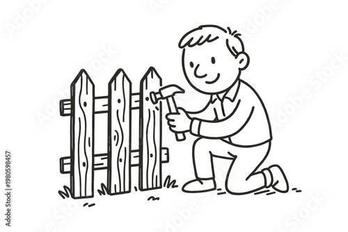 Man kneeling and hammering a wooden fence for home repair and garden maintenance flat vector icon