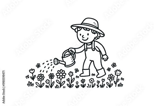 Simple black line drawing of a child in a hat and overalls watering flowers in a small garden, friendly style for kids designs or coloring pages.