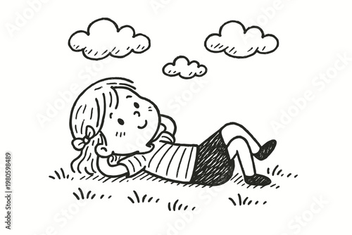 Child lying on grass looking at clouds in the sky, playful outdoor daydream flat vector icon