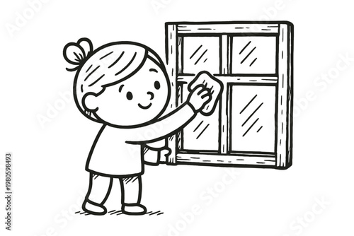 Child cleaning a window with a cloth by the sill, cheerful chore at home flat vector icon