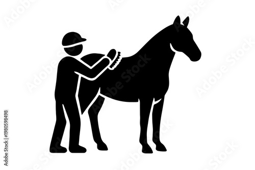 Person brushing a horse for equestrian grooming and stable care illustration flat vector icon