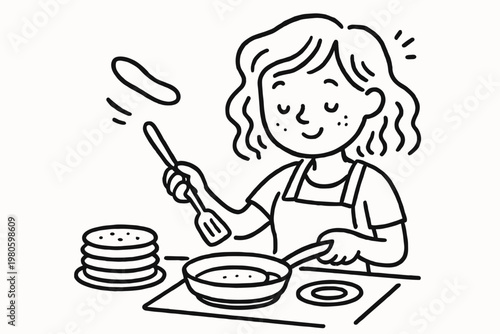 Woman flipping pancakes at stove for cooking and recipe illustration flat vector illustration