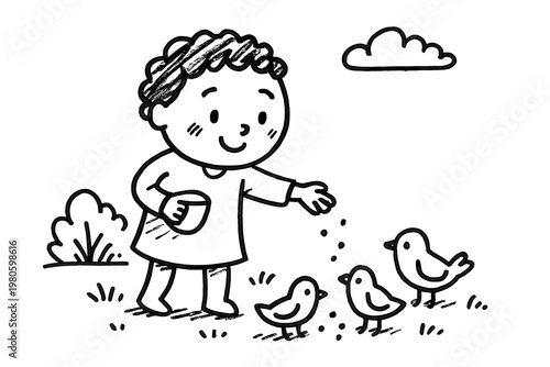 Child feeding small birds in a park clearing for storybook or nature activity illustration