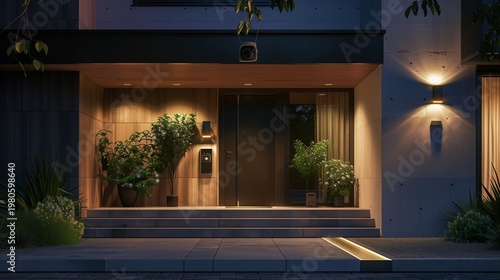 A modern home entrance with smart lock system and surveillance cameras installed above the doorway, evening ambient lighting, realistic textures and shadows, captured by HD camera.