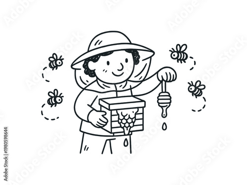 A friendly beekeeper in a protective hat holding a honeycomb and honey dipper with bees buzzing around, drawn as a simple black line illustration suitable for kids' designs.