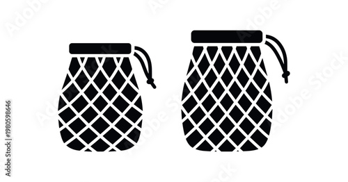 Pair of drawstring mesh produce bags depicted as black silhouettes, perfect for eco, grocery, and zero-waste icon sets.