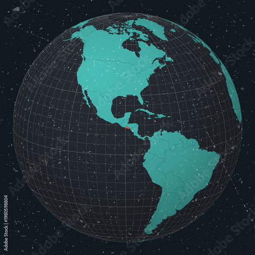 El Salvador on Globe. Vintage look with grunge scratched texture. Country view on world map in Dark Charcoal Turquoise color palette. El Salvador shape on map. Globe with meridians and parallels.
