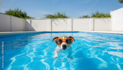 Jack russell terrier swims joyfully in a bright blue backyard swimming pool on a sunny day