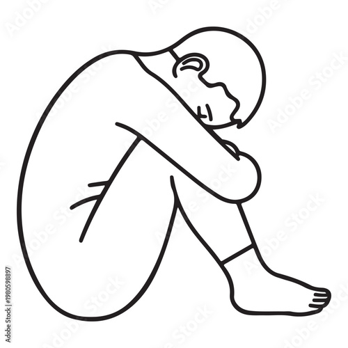 Depressed Person Sitting Alone Mental Health Minimal Black, line art, icon style Vector Illustration on white background.
