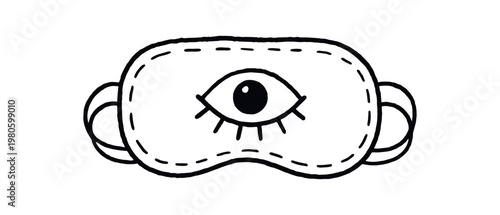 Black line sleep mask illustration showing an eye motif and straps, usable as a bedtime, relaxation or wellness design element.