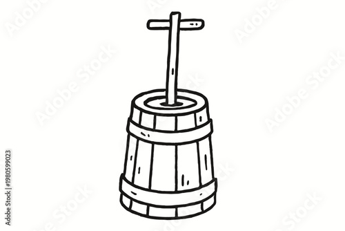 Vintage wooden butter churn barrel with dasher for farmhouse kitchen labels and rustic branding, flat vector illustration