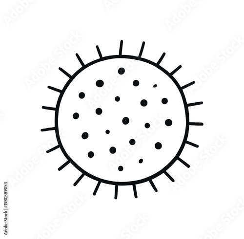 A circular black icon with short spikes around the edge and scattered dots inside, resembling a virus, germ, or microbe symbol for health or science graphics.