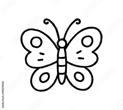 Black outline butterfly with rounded wings, spots, and curled antennae in a simple doodle style on white.