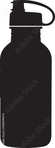 Black plastic water bottle with screw on lid and handle