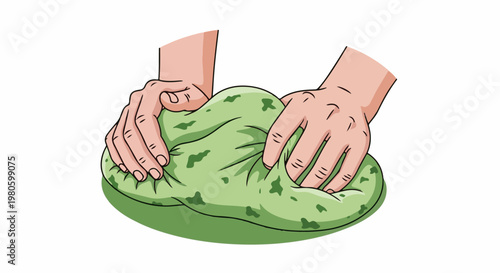 Hands squishing a green, patterned, soft material