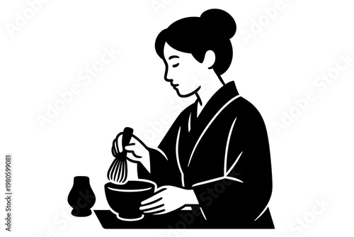 Woman in traditional kimono preparing tea by whisking in a bowl for japanese tea ceremony illustration or cultural design