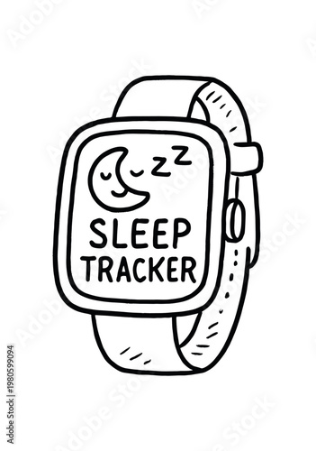 Line-drawn smartwatch displaying a moon, zzz marks and the words "sleep tracker," a minimalist icon for apps, wellness pages, or sleep health designs.