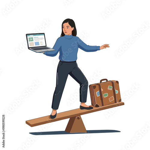 A woman balances on a seesaw with a laptop and suitcases, embodying work-life balance.