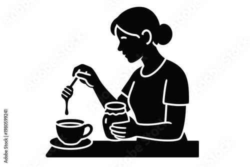 Woman sitting at counter pouring sweetener into a cup for coffee or tea break flat vector icon