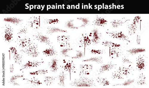 Spray paint and ink splashes. Mud graffiti effect, stencil spray paint borders. Vector punk and street art vector hand drawn elements. Graphic set of grunge dirty splash stains and blots
