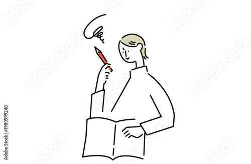 家計簿と睨めっこする女性の線画イラスト