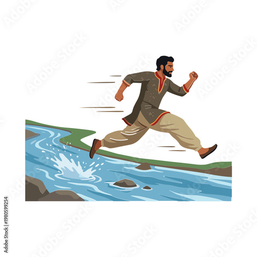Man runs quickly across a small stream in a natural landscape.