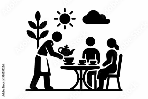 Outdoor cafe silhouette of server serving two seated customers under sun for hospitality flat vector illustration